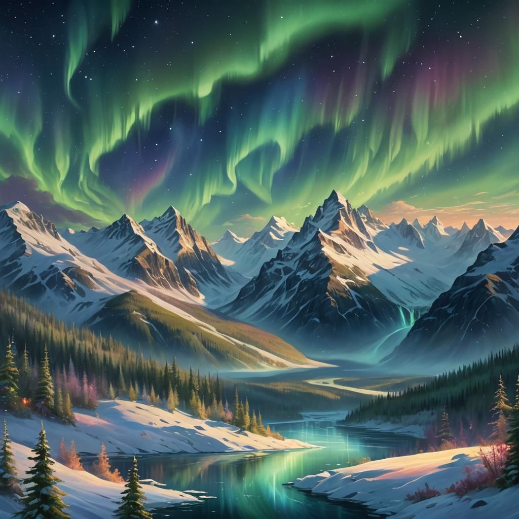 Aurora Borealis Over Snowy Mountains at Night