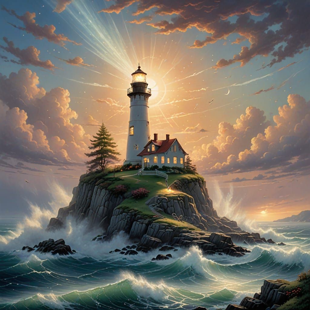 Ethereal Lighthouse Island Floating in Celestial Light
