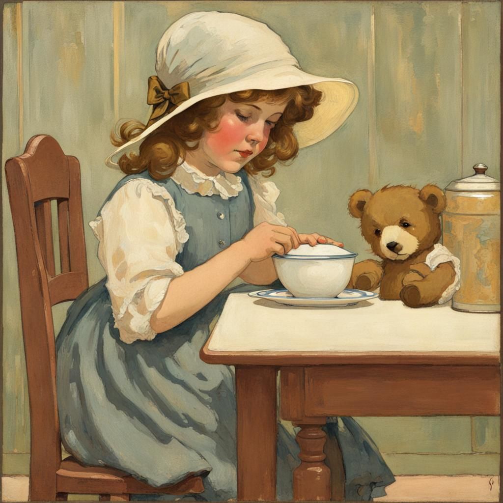 Girl in Bonnet with Teddy Bear, Golden Age Illustration
