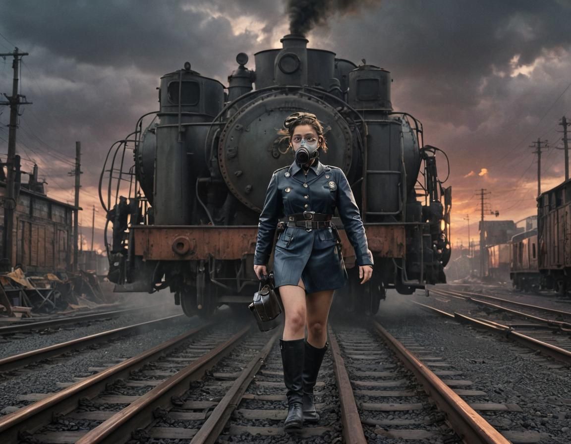 Dieselpunk Officer and Refrigerated Boxcar Machine