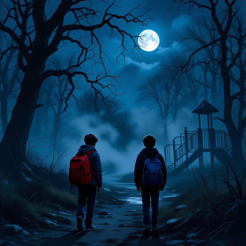 Boys Explore Spooky Park at Midnight in Eerie Concept Art St...