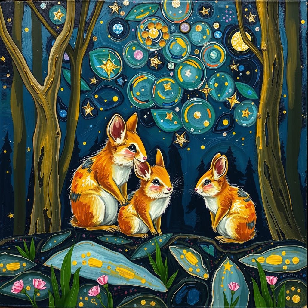 Pikas Under Starry Sky in Impasto Oil Paint Style