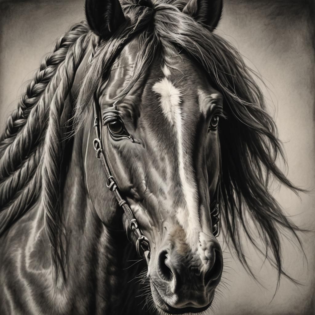 Detailed Charcoal Horse Portrait with Braided Mane