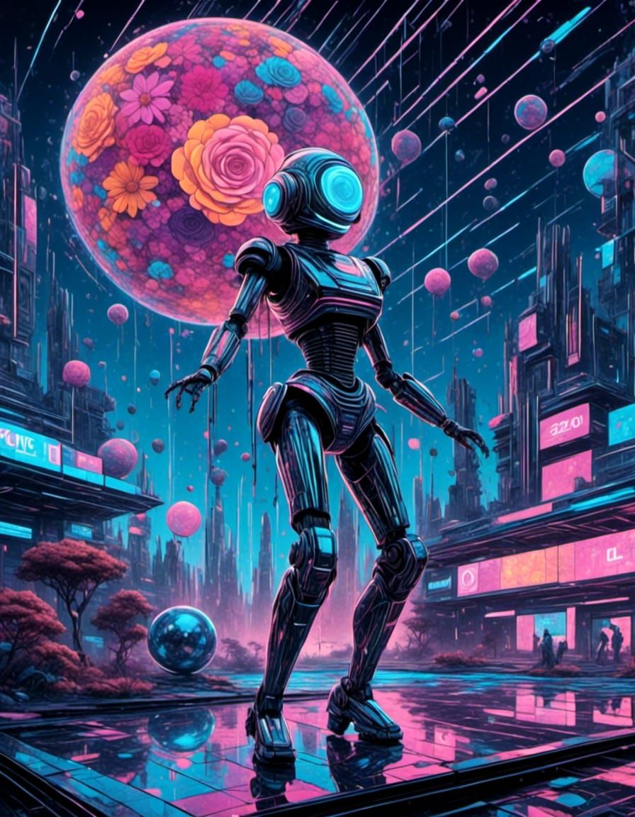 Synthwave Robot Dancing Around a Disco Ball Fountain
