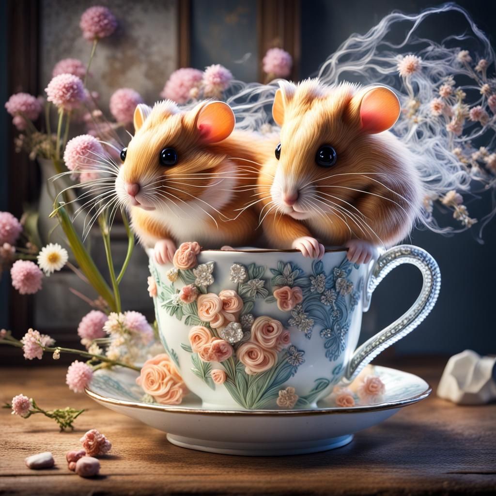 Two pretty little ginger hamsters in a pretty floral teacup.