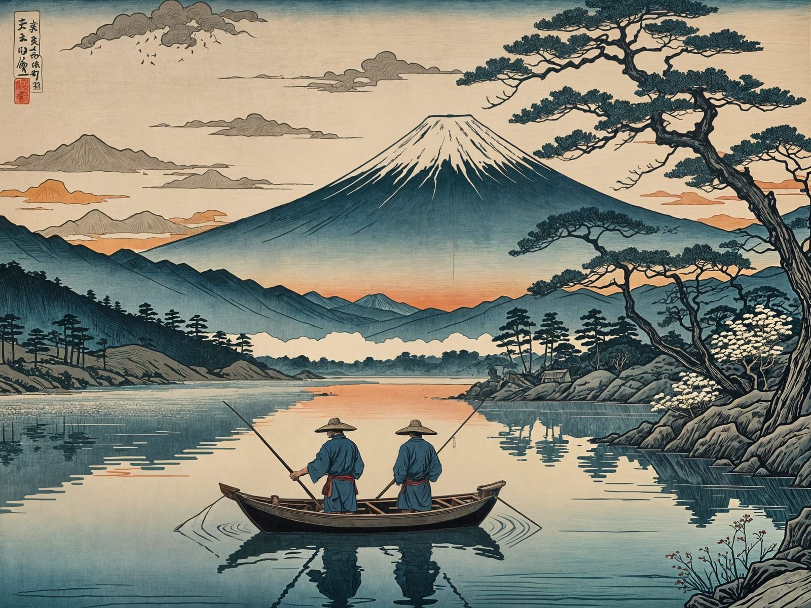 Ukiyo-e Woodblock Print of Fisherman on Lake