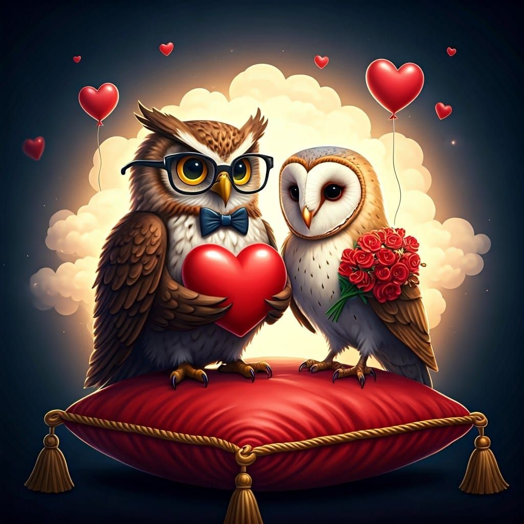 Whimsical Owl Couple in Dreamy Setting