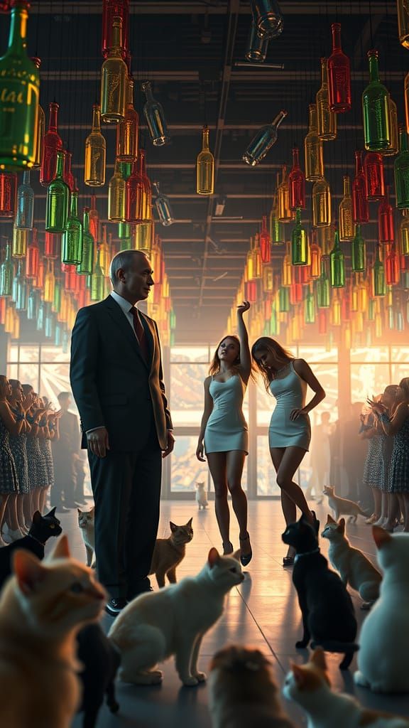 Girls Dance with Cats in a Futuristic, Dimly Lit Room