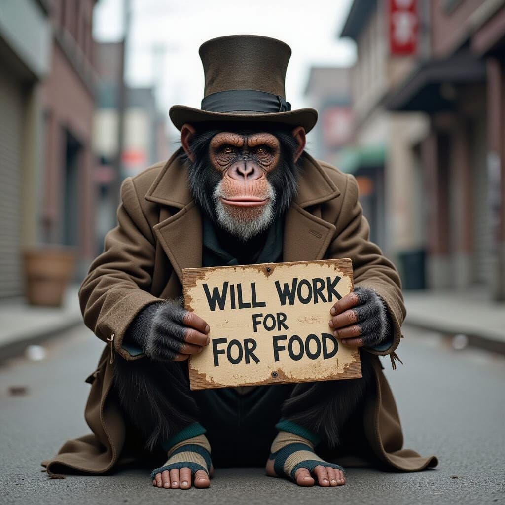 Chimp Hobo Asks for Food in Cinematic Film Still