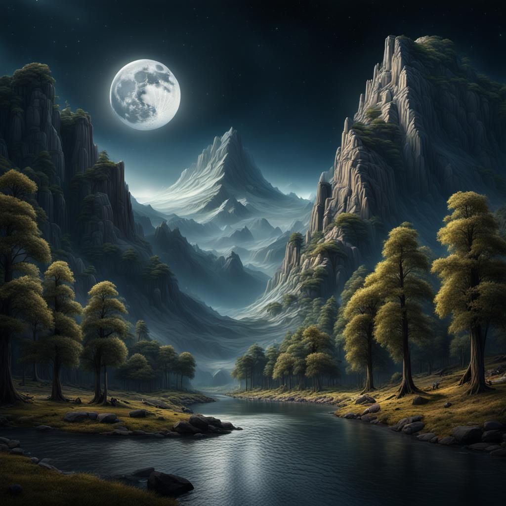 A realistic tall mountain with a flat place to sit on lookin...