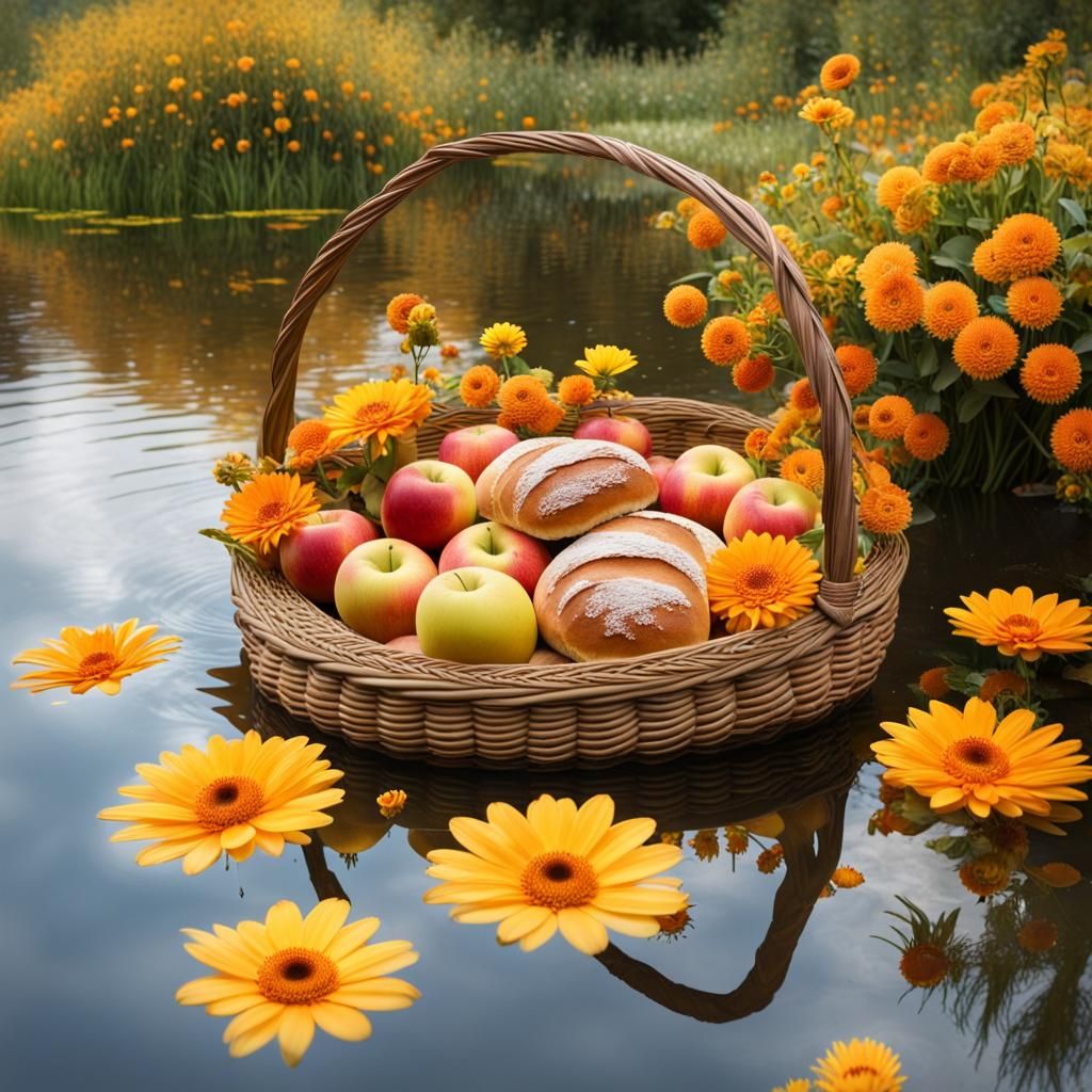 Floating Bread and Apples in Fantasy Garden