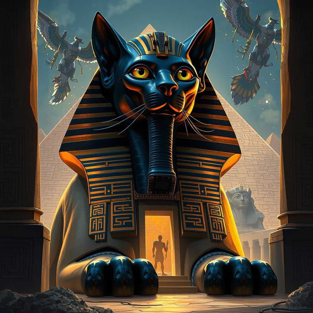 Black Cat Sphinx Guards Egyptian Pyramid Chamber