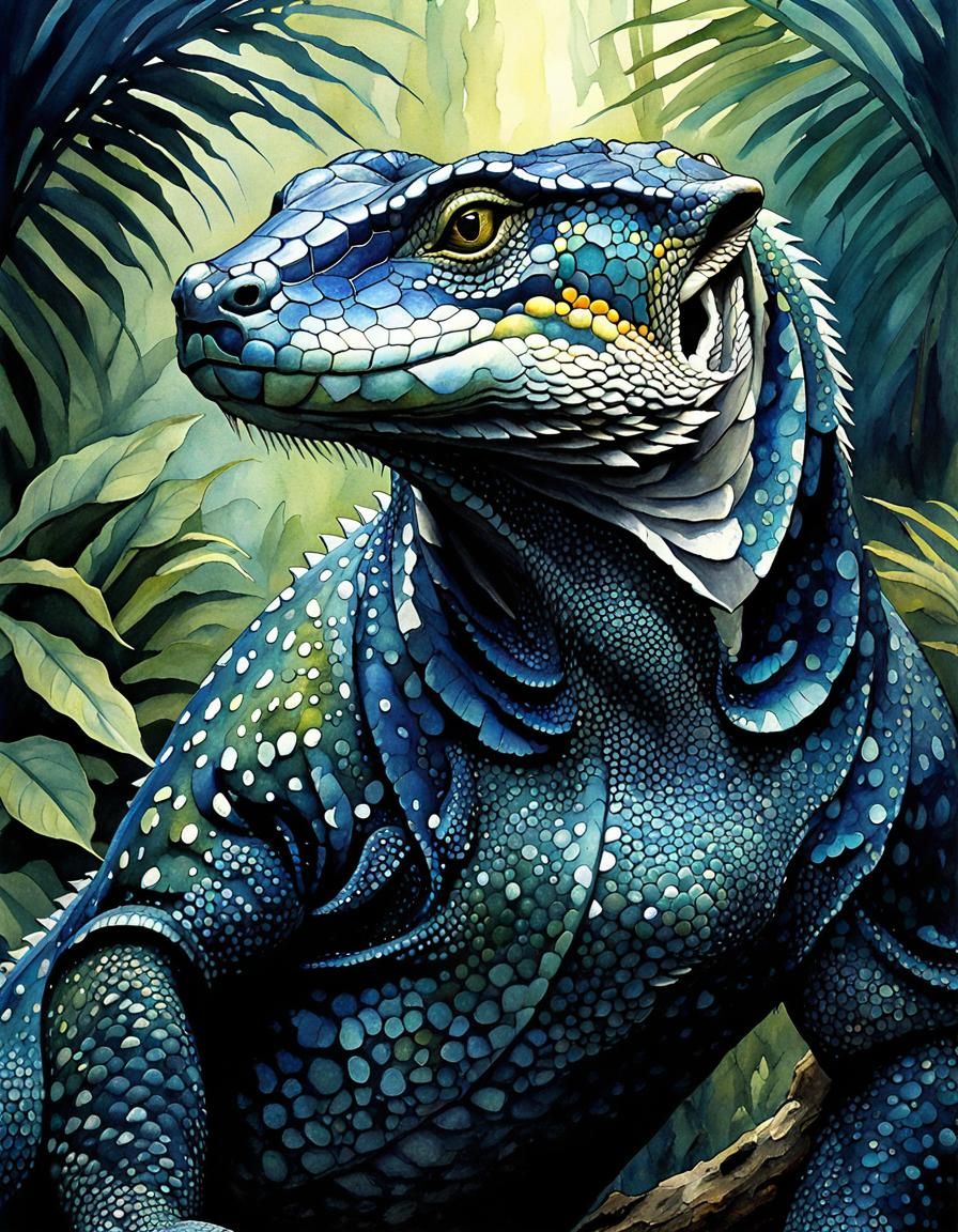 Komodo Dragon-Gecko-Ferret Cross in Watercolor Art Deco Styl...