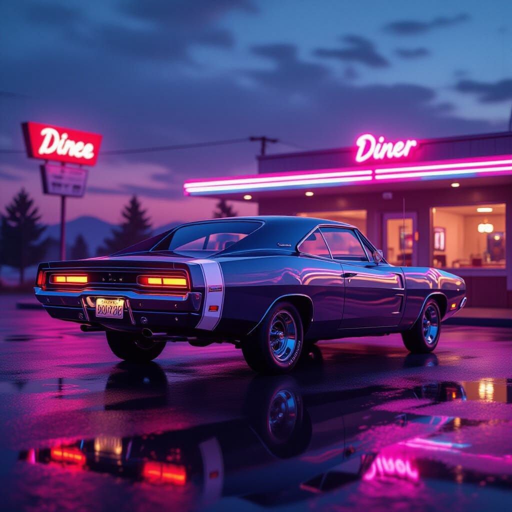1969 Dodge Charger at Neon Diner Twilight
