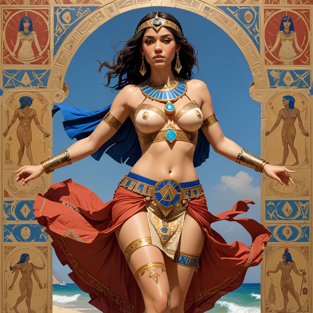 Egyptian Goddess Running Free in a Vibrant Cyberpunk Style