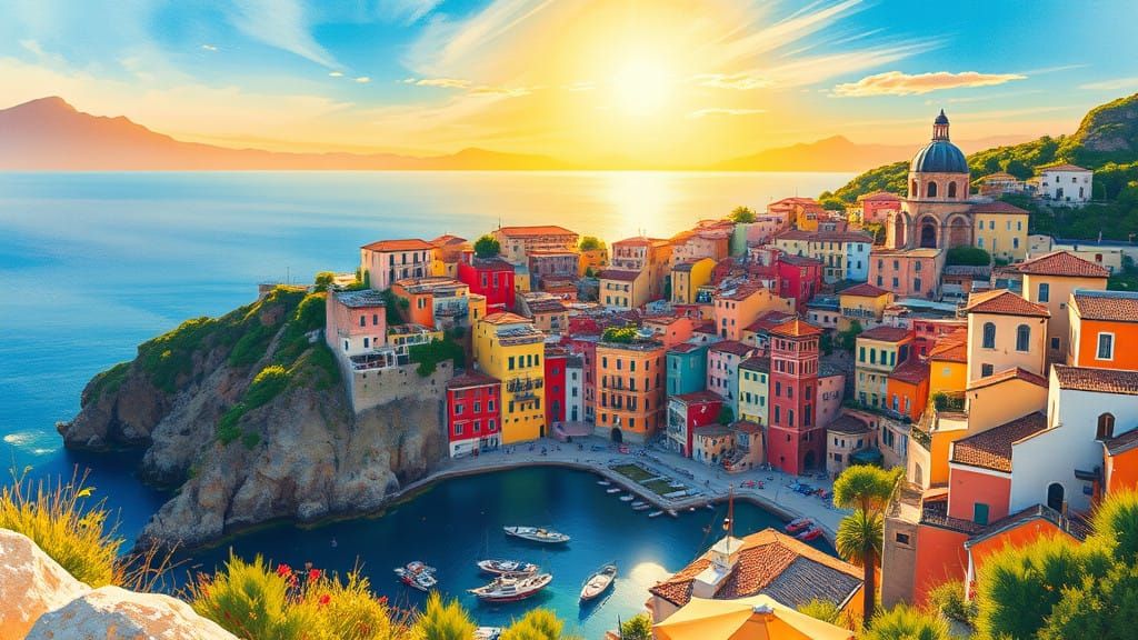 Vibrant Cinque Terre Panorama in Gouache Style