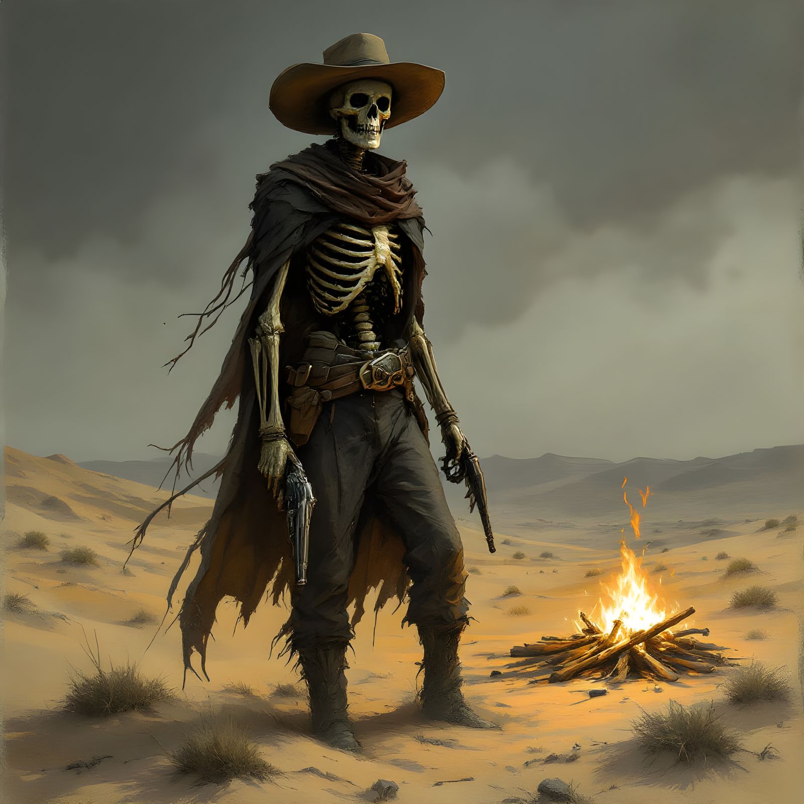 Scary Cowboy Skeleton in Dark Western Desert