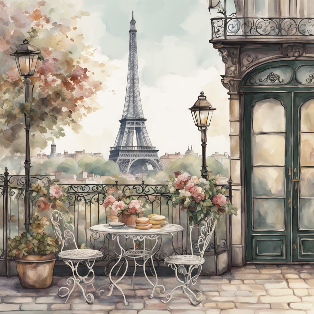 An outdoor table outside a cafe's balcony near Eiffel Tower.