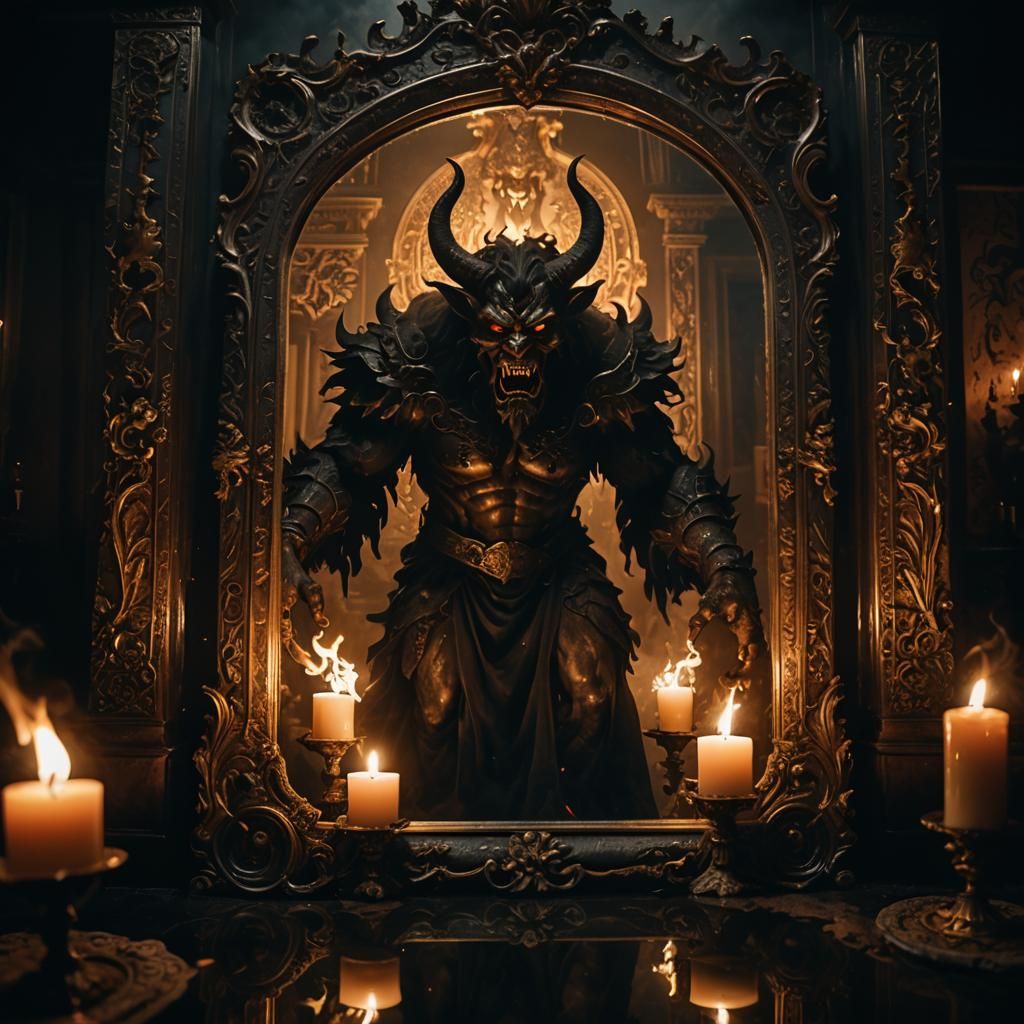 Demonic Entity Emerges from Mirror in Cinematic Style