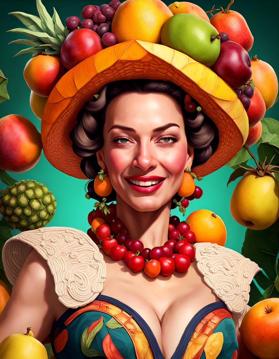 Portrait of Carmen Miranda wearing a hat made of fruit, head...