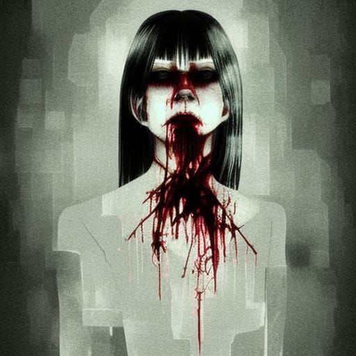 Creepy Glitch Horror Girl in Manga Style