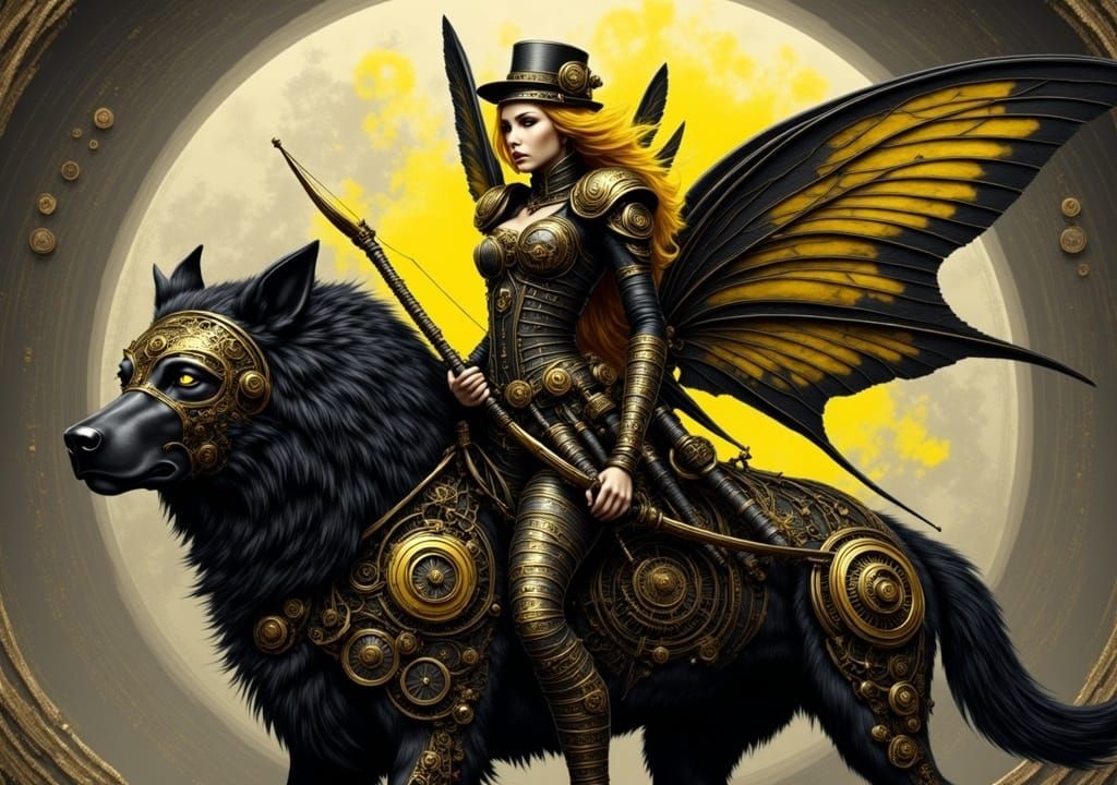 Steampunk Elf Riding Clockwork Wolf in Fantasy Art