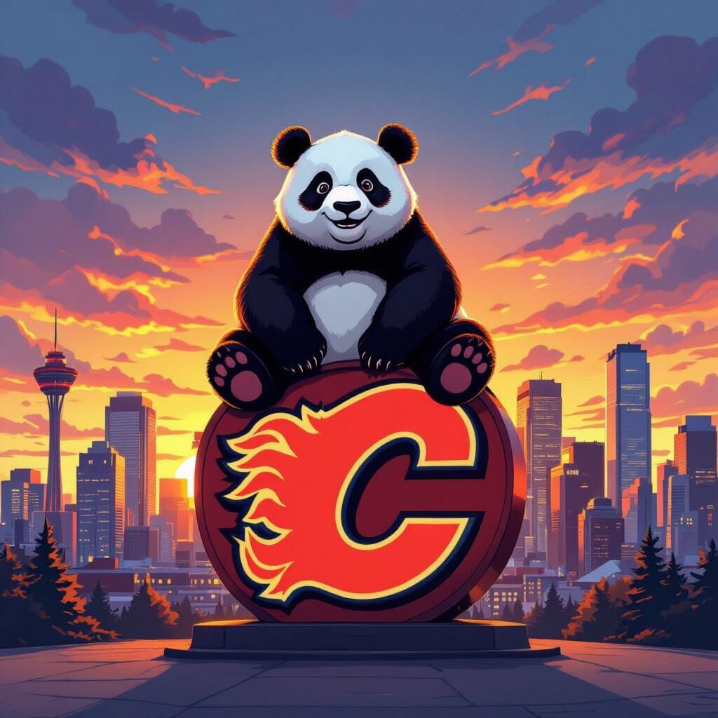 Joyful Panda on Calgary Flames Sign at Sunset