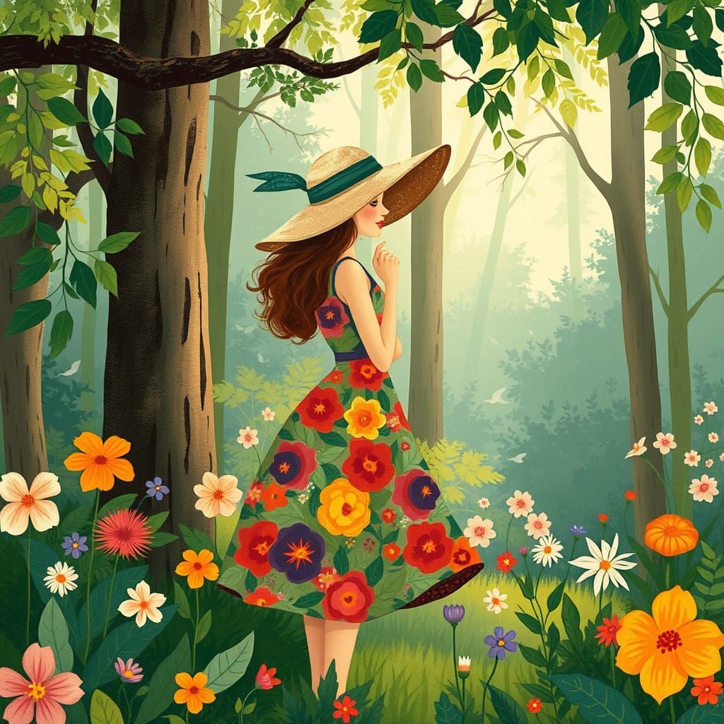 Whimsical Woman in Floral Forest Scene