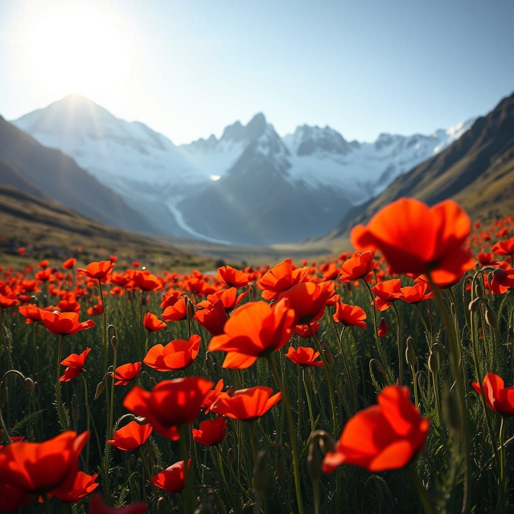 Crimson Poppies in Majestic Snow-Capped Mountains