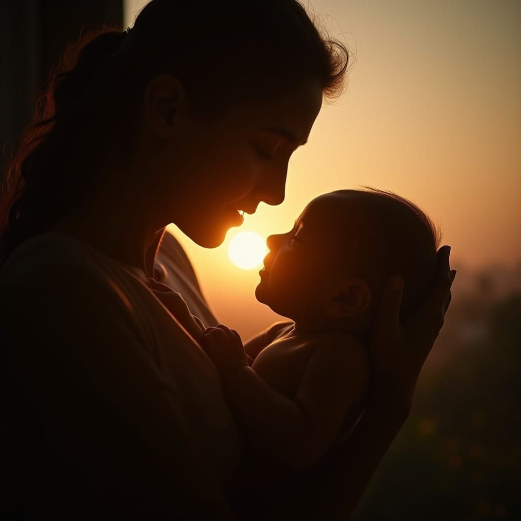 Mother and Newborn in Golden Sunset, Black and White Photogr...