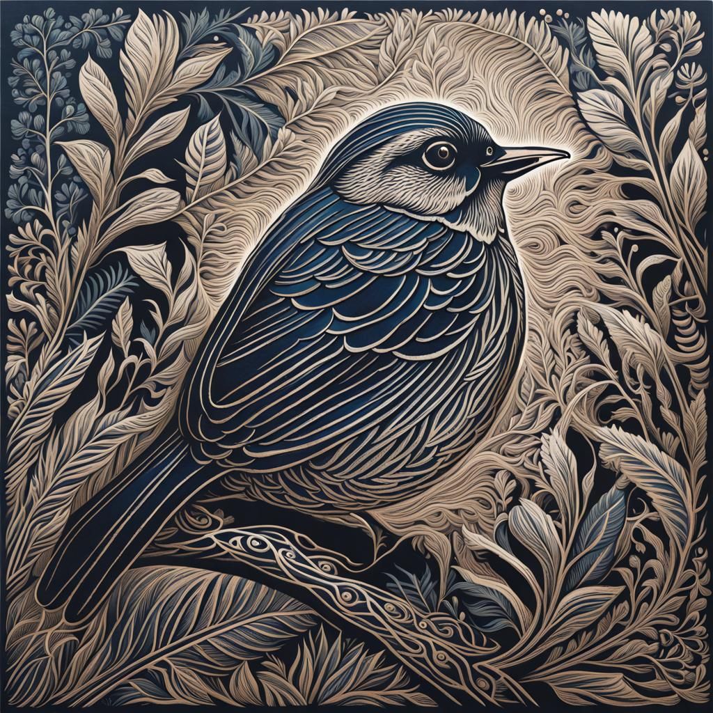 Intricate Wood Engraving of a Cute Bird