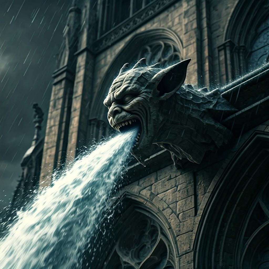 Gothic Gargoyle in Torrential Rain