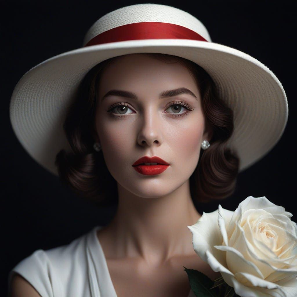 Glamorous Woman in Red Hat and White Dress with Rose