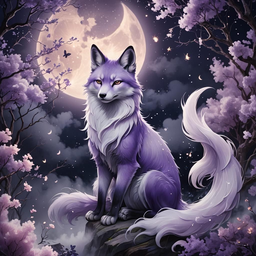 Purple Kitsune Under Moonlight: Fantasy Concept Art
