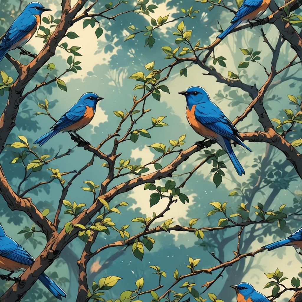 Bluebird Sings: Cel-Shaded Anime Style Illustration