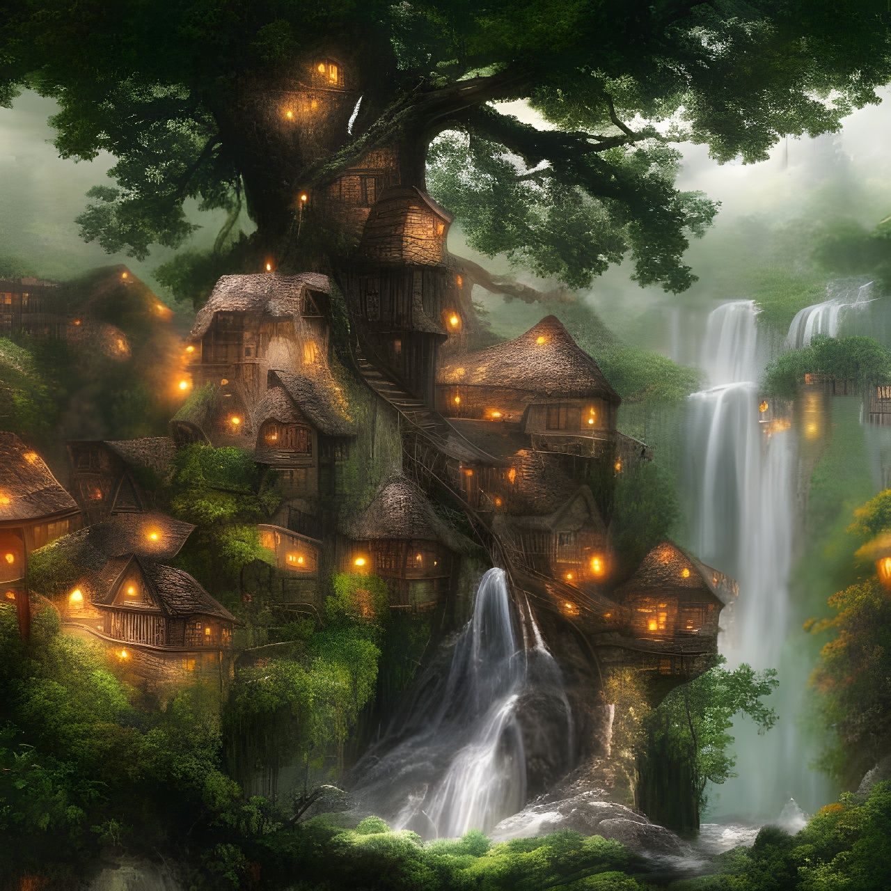 Medieval Treehouse Village Waterfall in Giant Tree