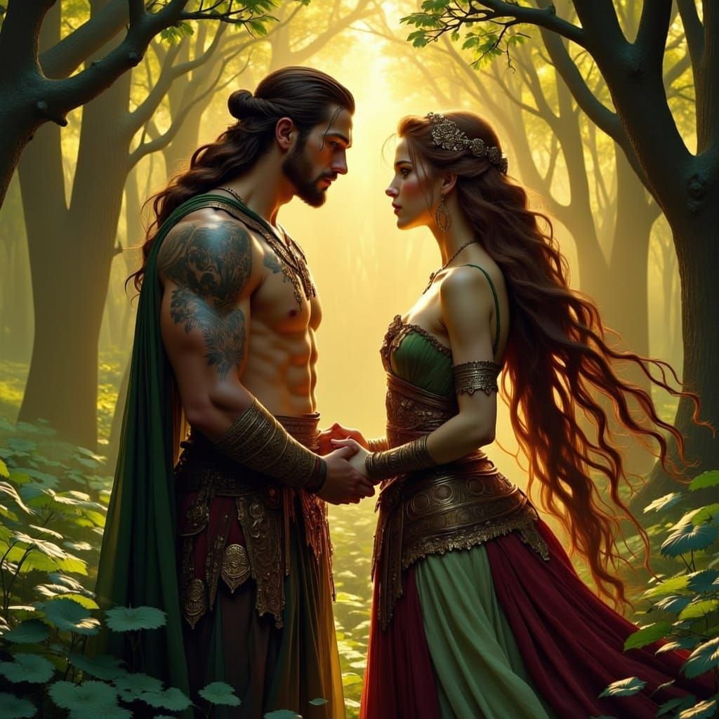 Celtic Warrior and Maiden Embrace in Enchanted Forest
