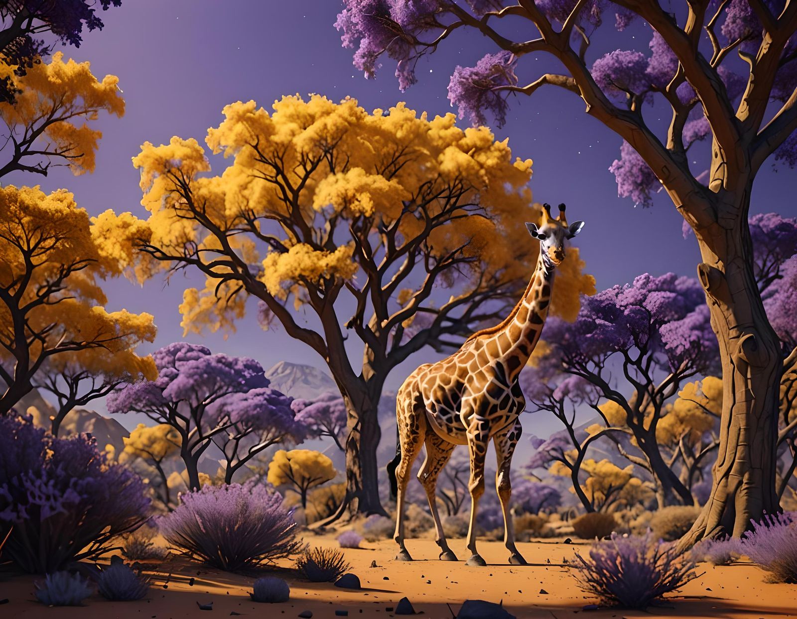 Giraffe Browsing Golden Desert Trees: 3D Rendered Masterpiec...