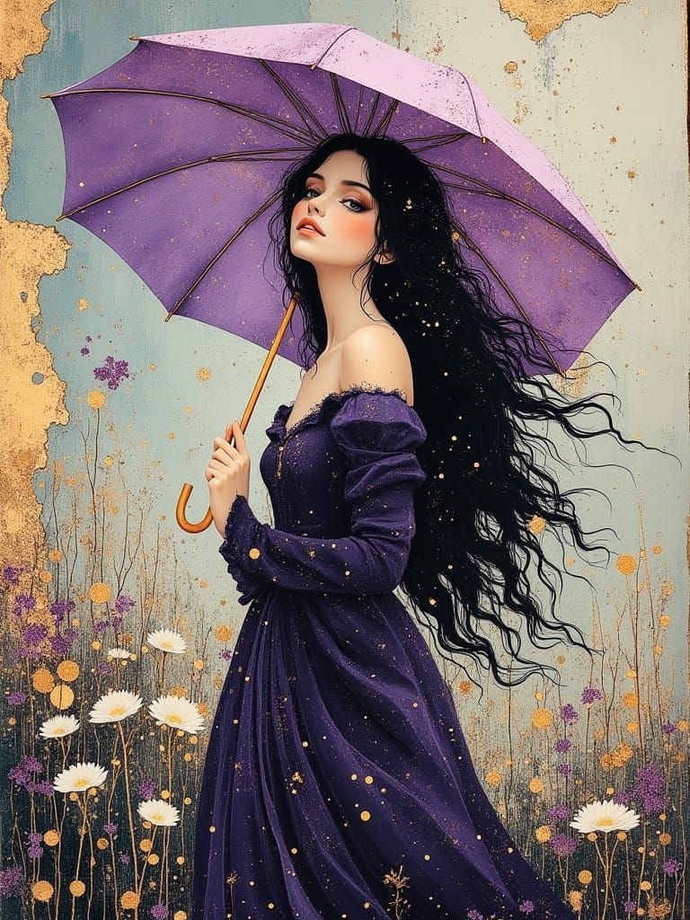 Elegant Medieval Lady with Lilac Sunshade in Flower Garden