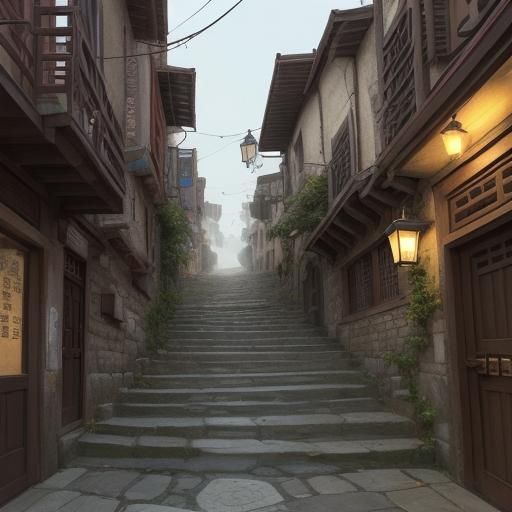 Cat Exploring Town Streets, Detailed Matte Painting