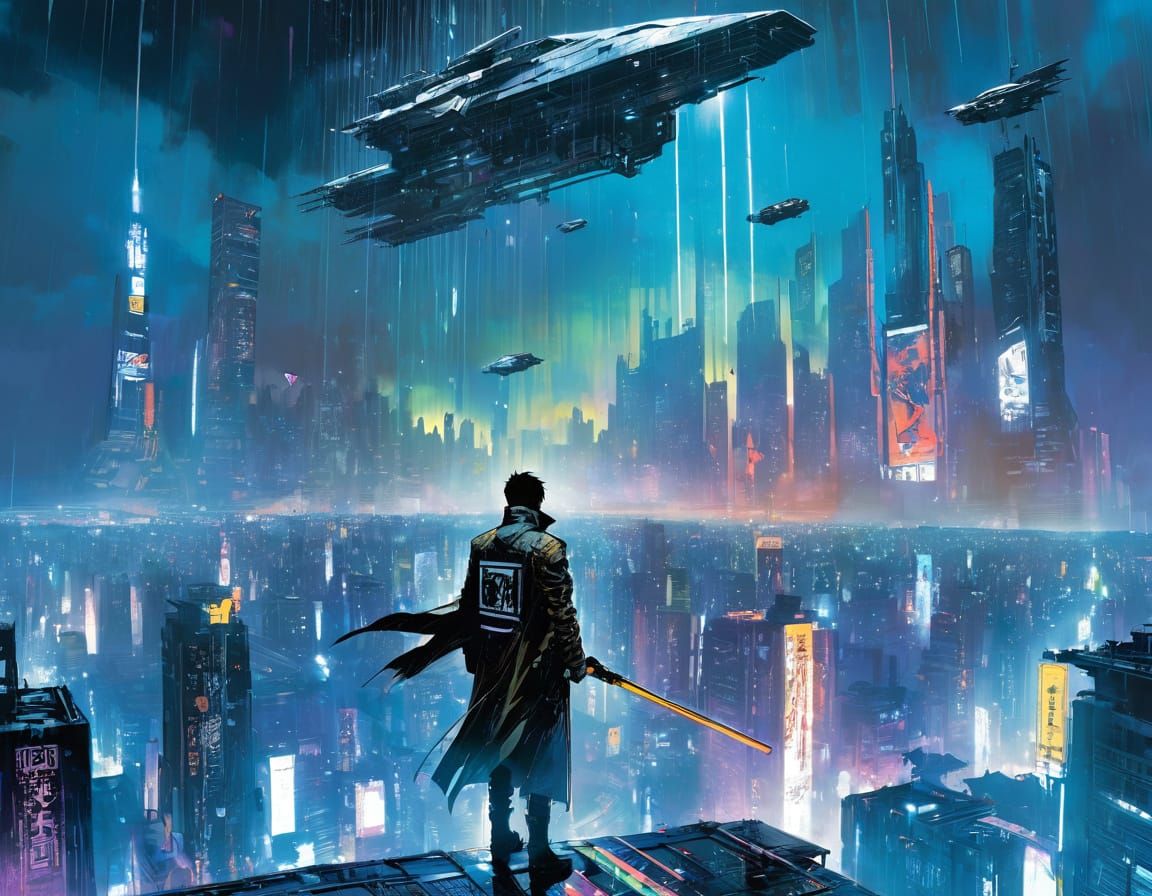 Cyberpunk Cityscape in Rain and Neon