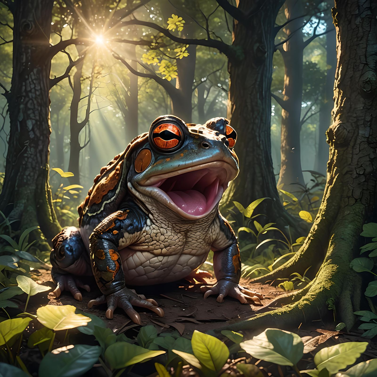Toad Captures Fly in Sunlit Forest