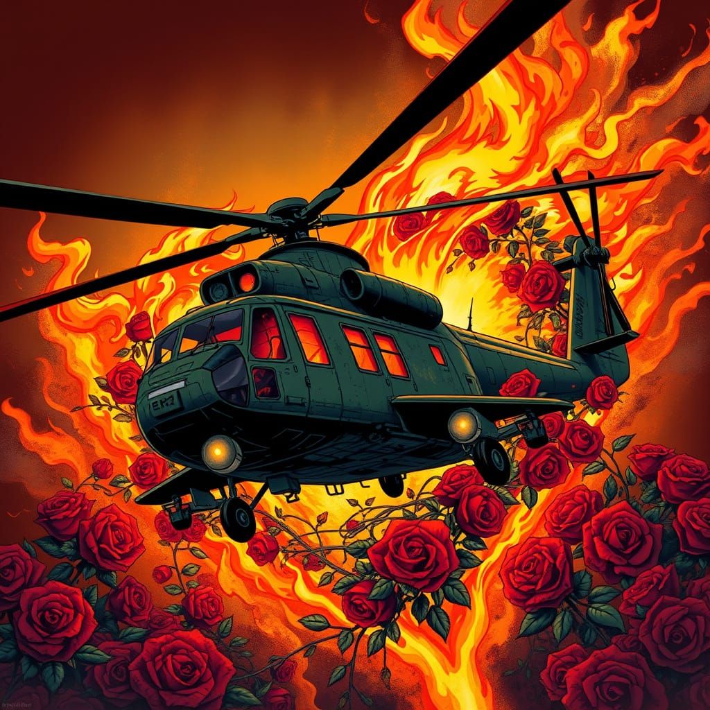 Dark Green MI-8 Helicopter in Heart of Flames and Roses