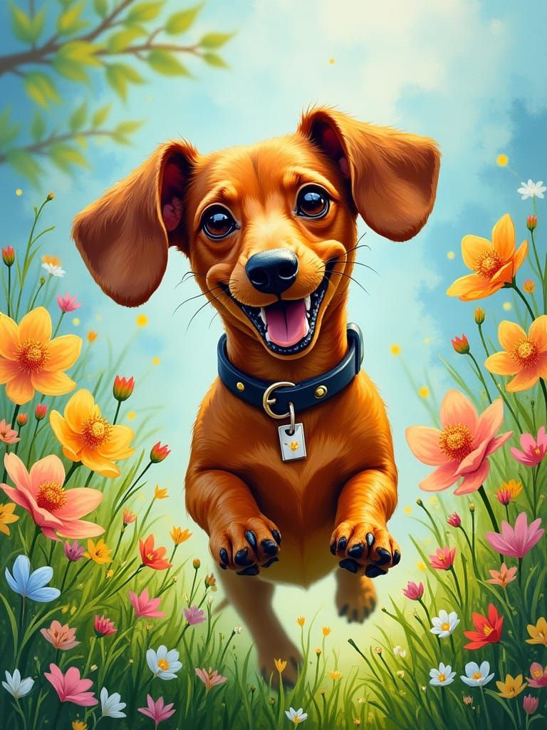 Joyful Dachshund in Vibrant Springtime Wildflowers