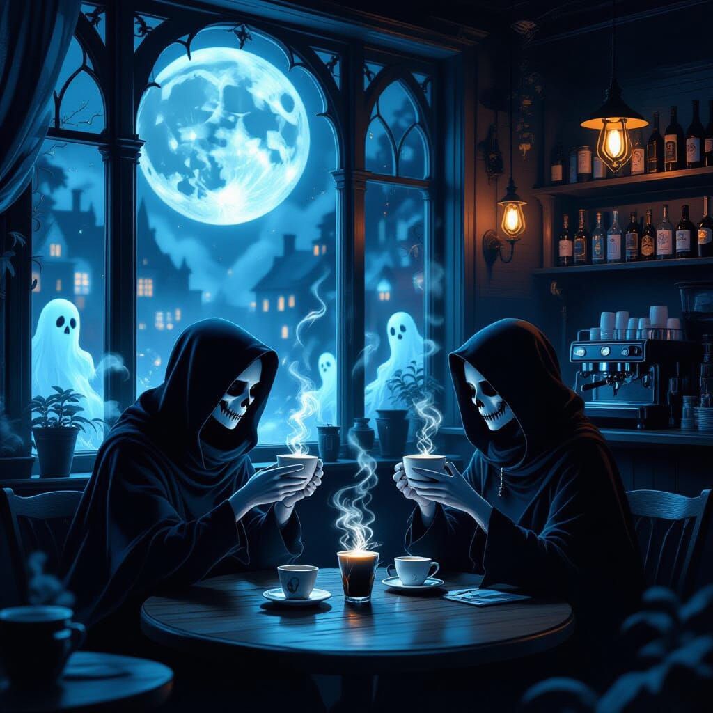 Moonlit Coffeehouse with Spectral Baristas in Gothic Vaporwa...