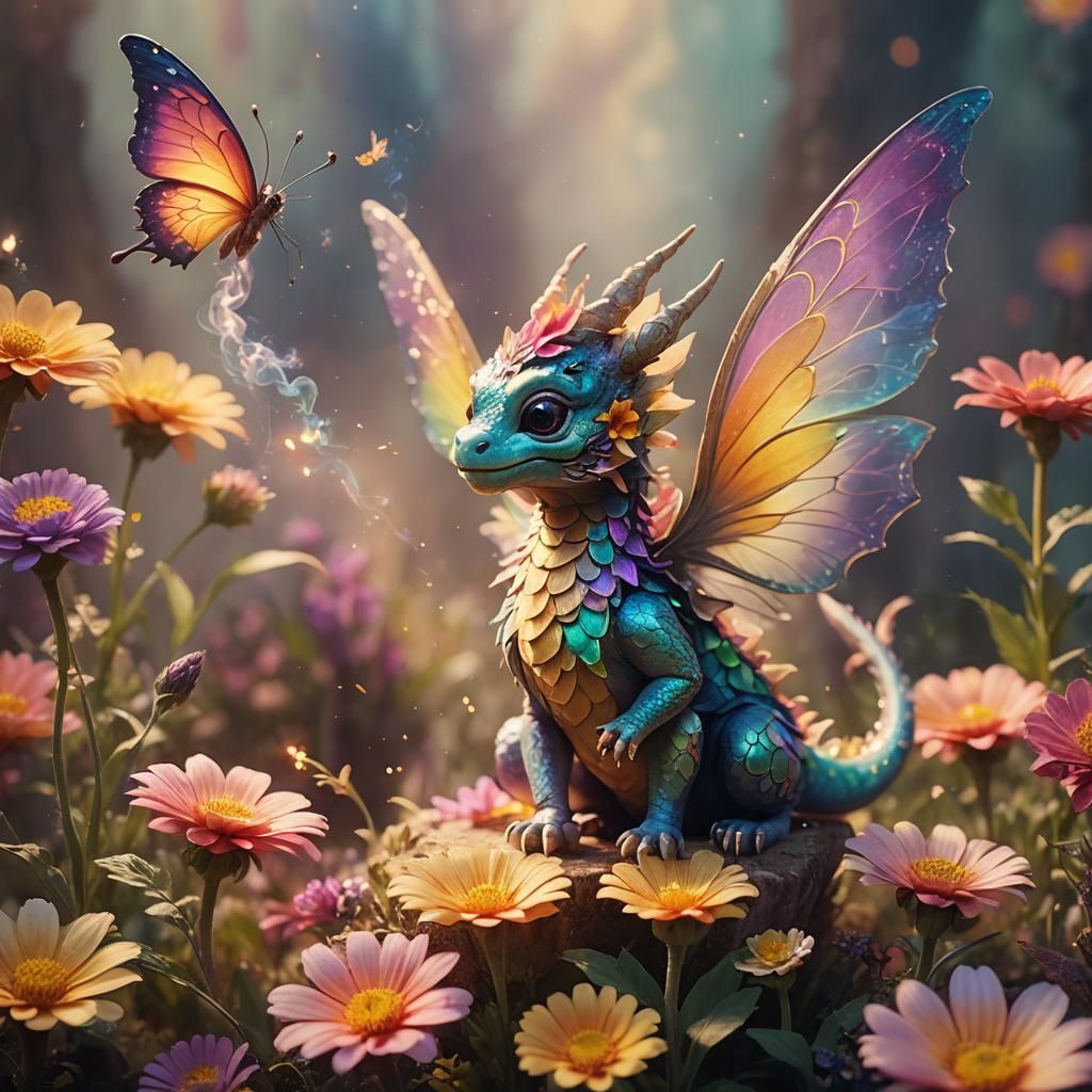 Whimsical Fairydragon Sits on a Vibrant Flower in Soft Focus