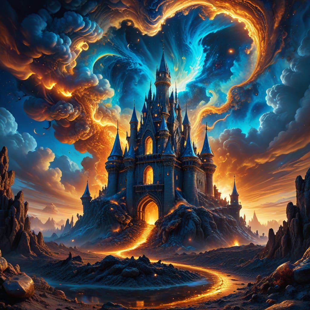 Surreal Alien on Burning Earth with Cosmic Castle