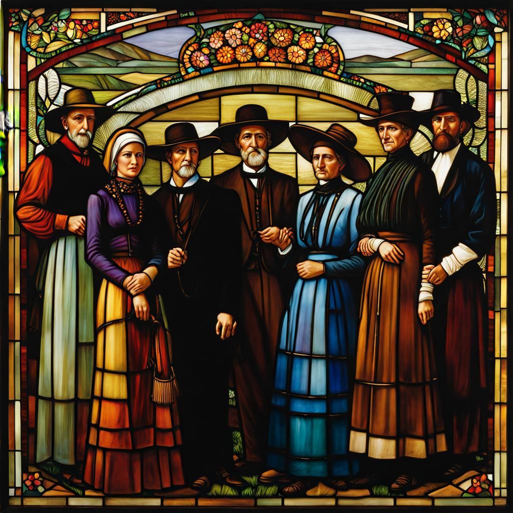 Louis Comfort Tiffany stained glass window showing a multi-generational group of persons of the Amish ethnic group in tr...