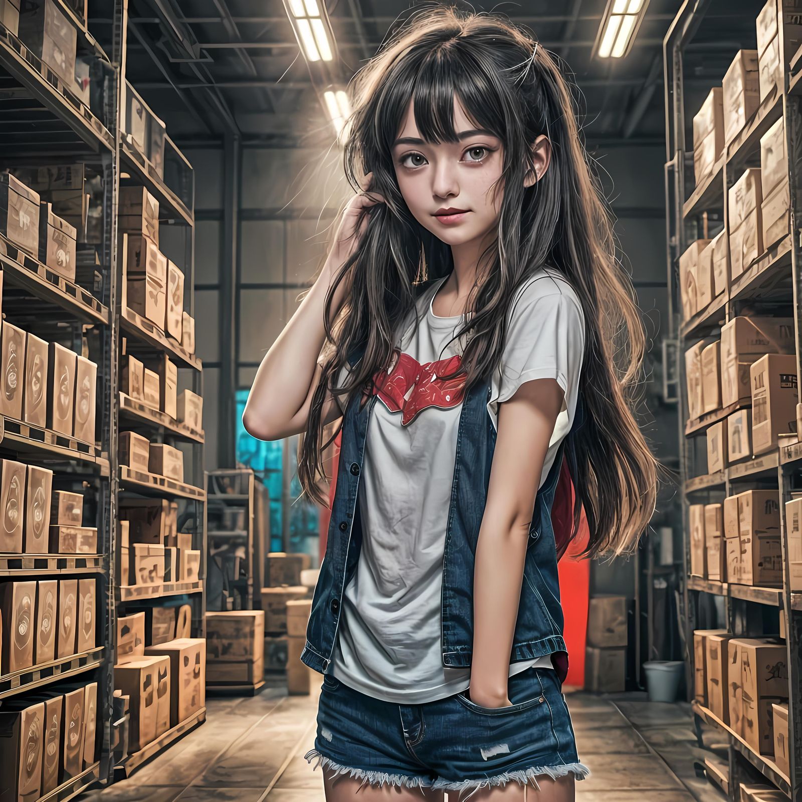 Anime Girl in Warehouse with Glowing Starry Sky