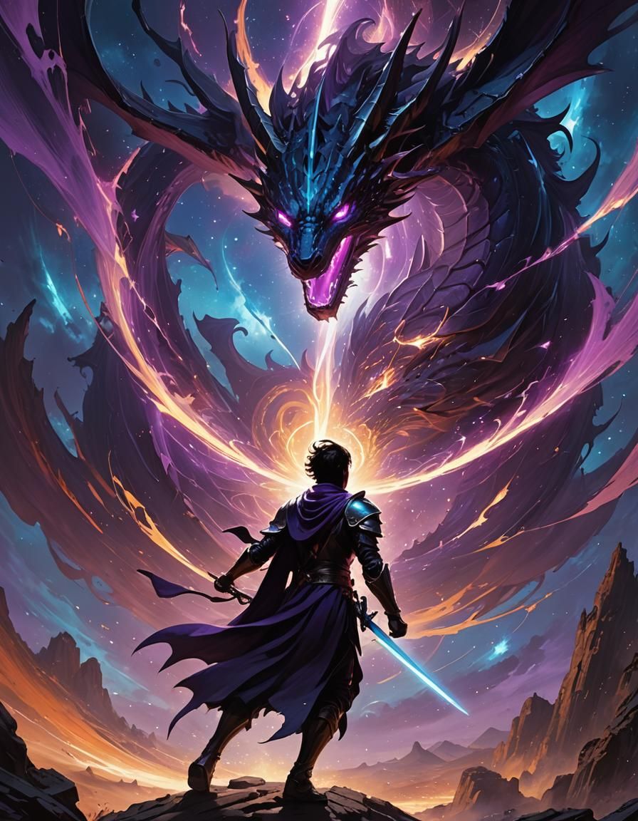 Sci-Fi Knight Versus Dragon in Fluorescent Comic Style